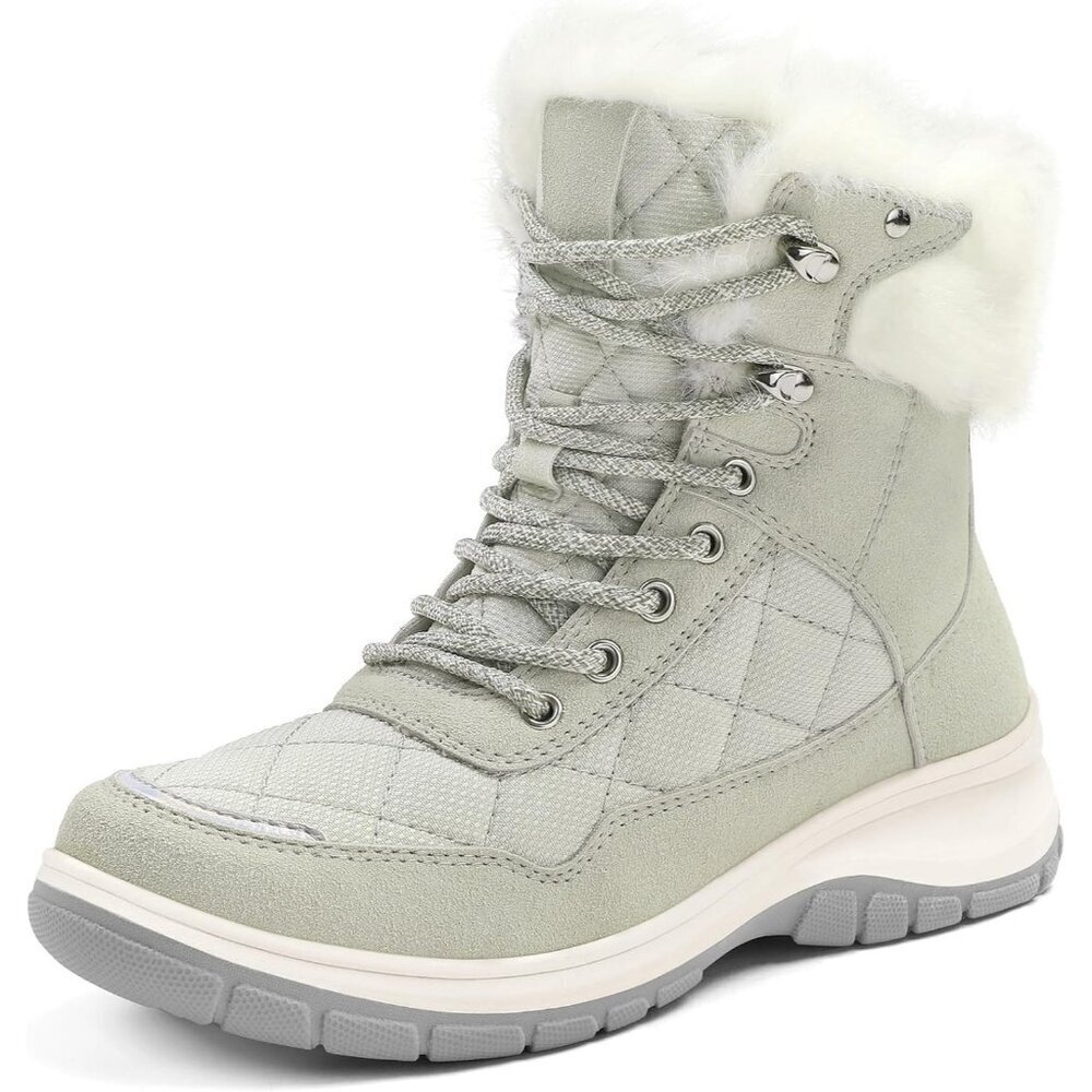 Womens Gray Waterproof Snow Boots Insulated Lace-Up Warm Winter Booties Outdoors